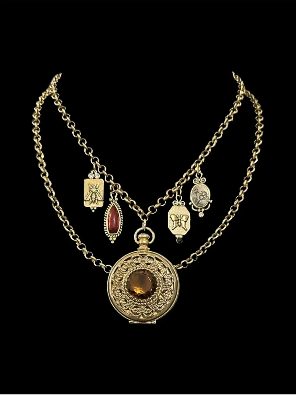 Avon Gold-Tone Layered Charm Locket Necklace with Amber Accent - Picture 1 of 1